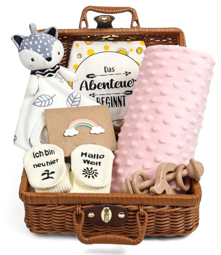 Neugeborenen Geschenk, 7-in-1Baby Geschenkset für Jungen Mädchen: Baby Decke,Schmusetuch, Holzrassel mit Elefant, Lätzchen,Socken in Geschenkbox|Baby Geburt Geschenk, Babyparty Idee-Rose Pink