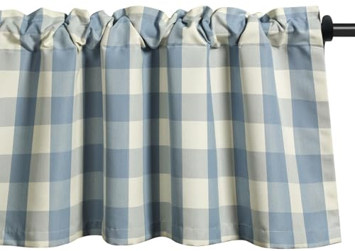 VOGOL Buffalo Check Blue Kitchen Valance, Gingham Plaid Linen Look Short Cafe Curtains, Rod Pocket Easy Care Window Decor Pelmet Valance for Bedroom, 132×49 cm, 1 Panel