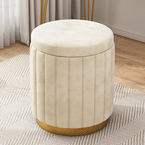Elegante sgabello ottomano rotondo in velluto beige con contenitore, poggiapiedi imbottito per trucco e toilette, per camera da letto e cameretta delle ragazze, 34 x 34 x 44 cm