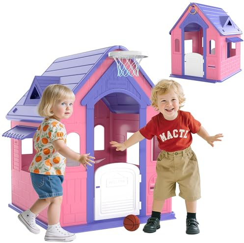 AIYAPLAY Casita Infantil Exterior e Interior 3 en 1, Casita Infantil de Jardín con Lanzamiento de Aros, Baloncesto, Casa de Juegos para Niños de 2-5 Años, Rosa y Morado