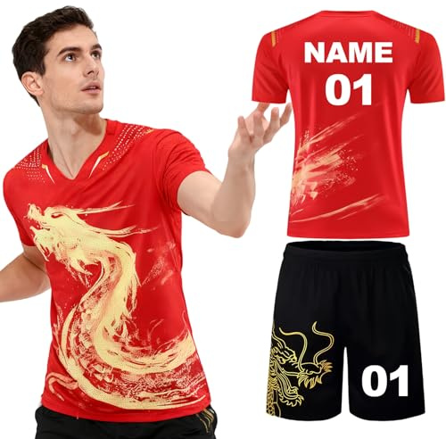 PSKJHN Personalisiertes Tischtennis Trikot Set Herren Damen Kinder-Atmungsaktives Sportshirt Mit Shorts Polyester-Individuelle Customisation Mit Namen, Nummer, Logo-GeschenkideeMen Red,M