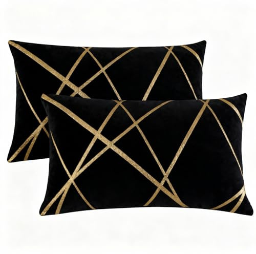 Miuyunya Samt Kissenbezug Gold Line Art 30x50 Deko Kissen Wohnzimmer Modern Kissenhülle Schwarz Sofakissen Kissenbezüge 2er Set Dekorative Zierkissenbezüge für Outdoor Schlafzimmer Couch