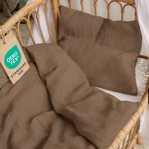 Dreamzie - Baby & Kinderbettwäsche Set 80x80 cm + Kissenbezug 35x40 cm | Musselin Bettwäsche aus 100% Baumwolle · Oeko-TEX Zertifiziert · atmungsaktiv & hautfreundlich · Mokka