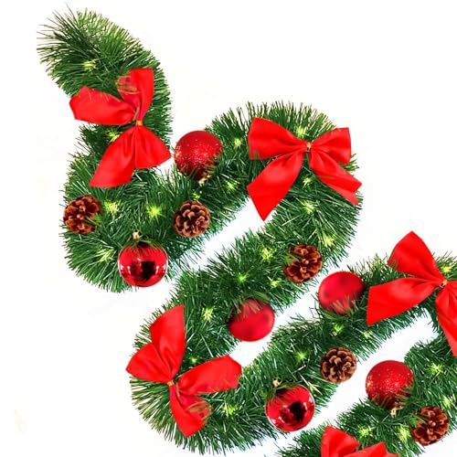 Baunsal® Weihnachtsgirlande Tannengirlande Girlande grün 5 m (TIN) mit roter Deko und Led Lichterkette mit Batteriebox und Fernbedienung Girlande Weihnachten Weihnachtsdeko Tannengirlanden