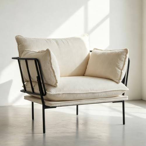 YEEFY Bouclé Loungesessel mit Metallbeinen – gepolsterter Akzentstuhl als Lesesessel, Wohnzimmerstuhl, Schlafzimmerstuhl & Balkonstuhl, moderner Polstersessel für Entspannung (Creme, 1 Stück)