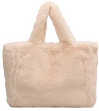 GOXQIT Vinter fuskpäls tygväskan för kvinnor plysch axel mjuk lurvig handväska stor kapacitet kvinna shopper för resor, BEIgE, En storlek