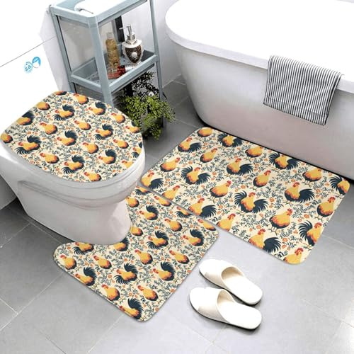Nevjipu Set di 3 tappeti da bagno con stampa di gallo assorbente, antiscivolo, lavabili, a forma di U, tappetino per il contorno del WC, tappetino morbido per doccia, tappetino da bagno per WC e vasca