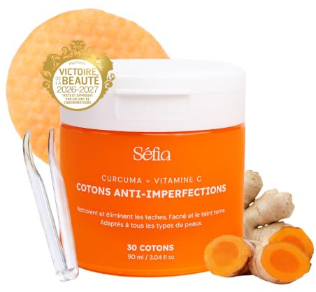 Séfia - Cotons anti-imperfections visage & corps - 30 cotons - Curcuma + Vitamine C + Niacinamide - Aide à atténuer l'apparence des taches - Tous types de peaux (Boîte (30 cotons))