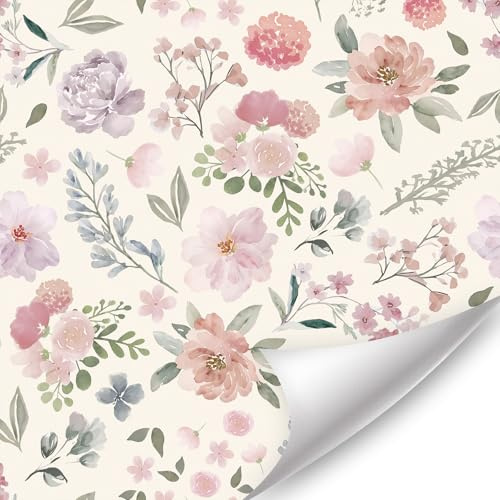 TOARTI Aquarell Blumen Tapete Pastell Rosa Florale Blumentapete Vintage Romantische Abnehmbare Tapete für Schlafzimmer Cottagecore Stil Möbelfolie Selbstklebend für Kinderzimmer Wohnzimmer Küche