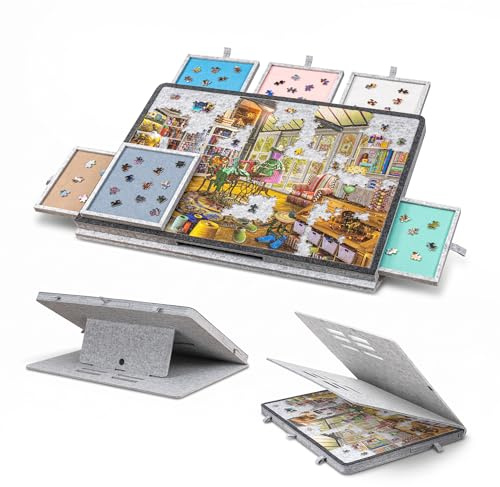 Jigpal Neigbare Puzzleplatte für 1000 Teile, mit 2-in-1-Ständer und Abdeckplatte, Puzzeltisch mit 3-stufiger Neigungsverstellung, mit 6 farbigen Schubladen, leichte Puzzleplatte für Erwachsene – Hellg