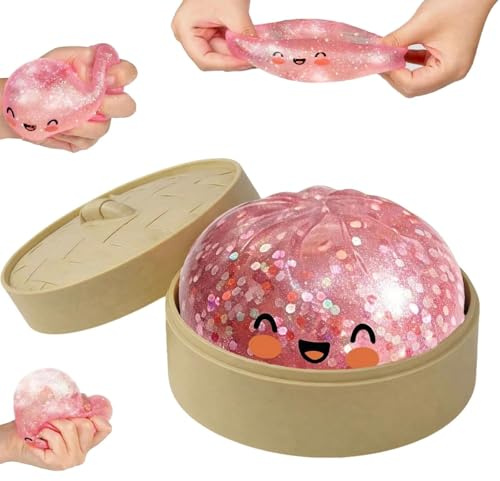 Sikweny Squeeze Toy, Stress Spielzeug Squishy Spielzeug Baozi mit Dampfgarer, Squishy Toy Wiederverwendbar Glitzerndes Anti-Stress Fidget Toy für Kinder Erwachsene Weiches Knetspielzeug zum Quetschen