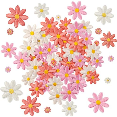60 Pcs 4 Sizes Daisy Flower Iron on Patches Daisy Floral Embroidered Patches Colorful Flower Applique Patches Cute Sew On Patches for Clothes Hats Bags Jackets Jeans DIY Decoration