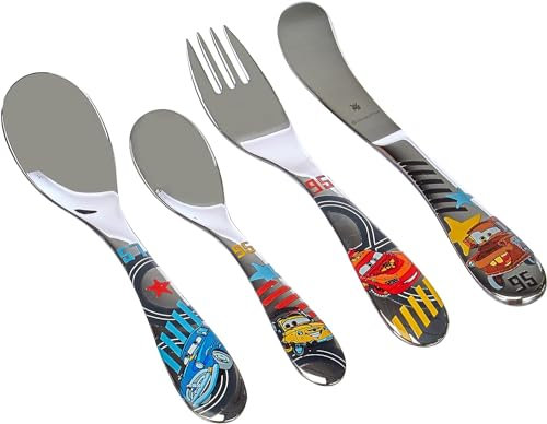 WMF 1286016040 Disney Cars 2, Cubertería para niños, 4 piezas (Tenedor, Cuchillo de mesa, Cuchara y cuchara pequeña)