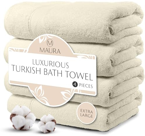 MAURA Ivory Extra Large Turkish Cotton Luxury Bath Towels Set of 4. Ultra-Soft, Thick & Plush Towels for Bathroom - Cream