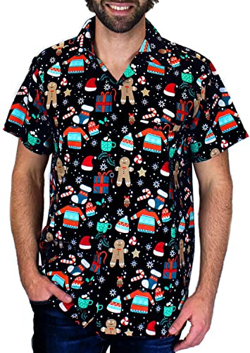 Funky Hawaiisk Hawaiian Skjorta, Kortärmad, Jul, X-Mas, Christmas Gingerbread, Svart, 3XL