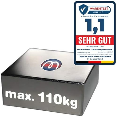 Quadermagnet Neodym Magnet-Quader Extra Stark - Haftkraft bis 800kg - Starke Blockmagnete - Rechteckige NdFeB Magnete, Größe: 50x50x20mm - 110kg Haftkraft