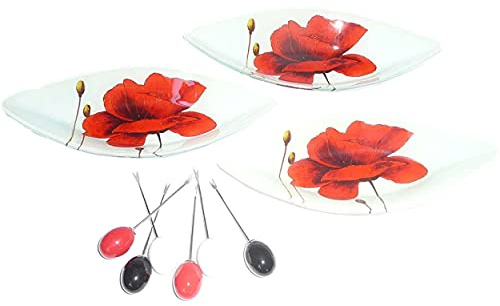 Set Apéritif 3 Coupelles En Verre Avec 6 Pics Dans Un Coffret - Service Apéro Motif Coquelicot - Couleur Blanc Et Rouge - Très Joli Design Élégant - Ensemble Snack 3 Récipients Pour Apéritifs