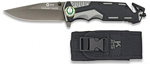 K25-19654GR1011 Navaja Gris/Negra K25 Seguridad. H:9.4 Herramienta para Caza, Pesca, Camping, Outdoor, Supervivencia y Bushcraft + Portabotellas de regalo