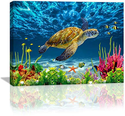 Ocean Beach Bathroom Wall Decor Sea Turtle Wall Art Poster Artwork For Home Decor 1 Panel Canvas Prints Picture Seaview Bottom View Beneath Bathroom bedroom Decor Canvas Painting (Blue, 16x24inch)