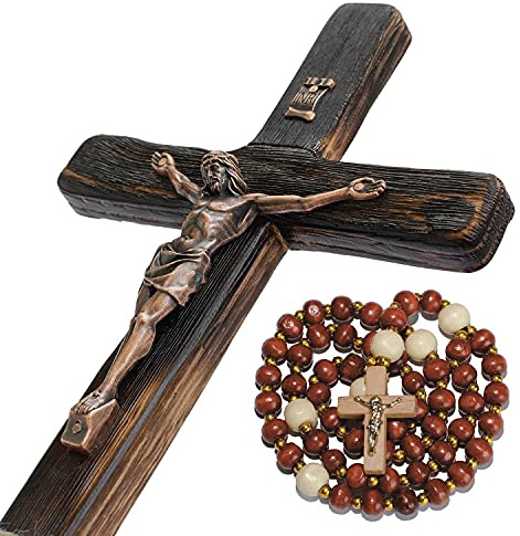 Asterom Rustic Crucifix Wall Cross - Handmade Wooden Catholic Crucifix Unique Charred Oak Technique - 12 Inch