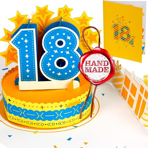 Liebessa 3D Pop-Up Karte zum 18. Geburtstag - handgemachte Glückwunschkarte zur Volljährigkeit, Torte & Sterne - Geburtstagskarte/Grußkarte mit Umschlag - ideal für Geldgeschenke, Mann/Frau/Teenager