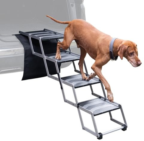 VOSS.PET Faltbare Hundetreppe, 4-stufige Kofferraumtreppe, Gelenkschonende Auto-Treppe, Einstiegshilfe für Hunde aus Aluminium mit Schutzmatte