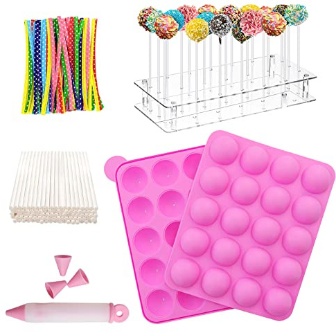 BEIAOSU Cake Pop Formen Backen, 100 Sticks Pop Cake Mould, Eiswürfelschalen, Silikon-Backform, Rosa Cake Pop Set
