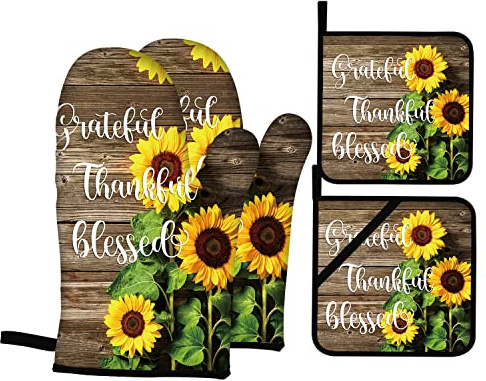 Sunflower Oven Mitts and Pot Holders 4pcs Set Wood Board Rustic Oven Mitts Summer Floral Heat-Resistant Non- Slip Oven Gloves for BBQ Baking Grilling Kitchen (Blessed)