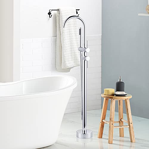 ARCORA Rubinetto Vasca a Pavimento, Miscelatore Vasca Autoportante, Rubinetto da Vasca da Bagno a Colonna​ con Doccetta, Girevole 360°, Rame e Acciaio Inox, Cartuccia Ceramica, Cromato