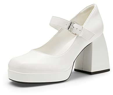DREAM PAIRS Women's Mary Jane Platform Chunky High Heels,White-Pu,9