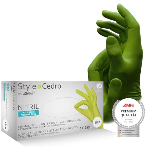 AMPRI Nitrilhandschuhe, cedro, grün, 100 Stück/Box, Größe XS, puderfrei, Style cedro by Med-Comfort: Nitril Einmalhandschuhe, Einweghandschuhe in den Größen XS, S, M, L, XL