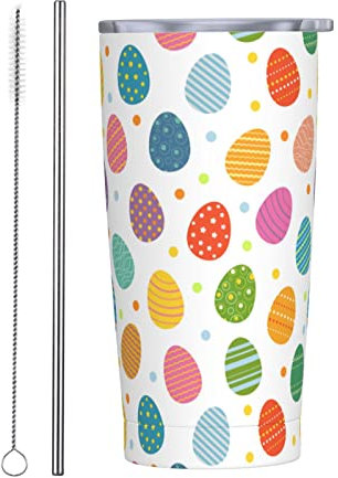 QQIAEJIA Isolierter Becher Eier Polka Dot Frühling Ostern 590 ml mit Deckel und Strohhalm Edelstahl Vakuumbecher Kaffee Wasser auslaufsicher Reisebecher für Zuhause Büro Schule