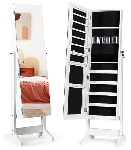 HOMASIS Stehender Schmuckschrank, Schmuck-Organizer aus Holz mit Ganzkörperspiegel, Schmuckaufbewahrung mit 24 Haken, 120 Ohrringlöchern, 41 x 36,5 x 146 cm, Weiß
