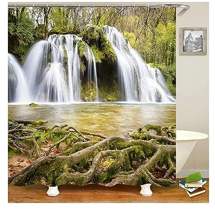 Lieson Badewannen Duschvorhang 150x200CM Grün Braun, Polyester Duschvorhänge Anti Schimmel mit ÖSEN Wasserfall Vorhang Badezimmer mit Haken