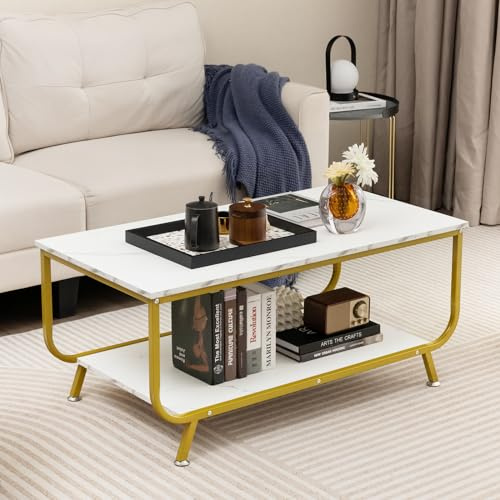 GOPLUS Table Basse Marbre Faux 2 Niveaux,Table Basse Salon avec Plateau Spacieux et Étagère Rangement Scandinave& Moderne pour Bureau Chambre Charge 60KG,105x55x46,5CM (Blanche)