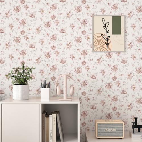 WESTICK Pink Rose Floral Peel and Stick Wallpaper Vintage Pink Floral Contact Paper Self Adhesive Removable Neutral Flower Wallpaper for Accent Walls Bedroom Bathroom Nursery Cabinets 17.5x100