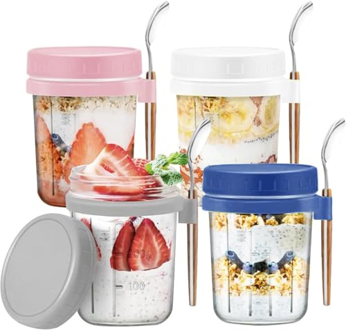 Collazoey 4 Piezas Tarros de Cristal con Tapa y Cuchara, 350 ml Taza de Muesli Yogur,Reutilizable Porta Yogurt y Cereales Taza de Cereales, Overnight Oats Jar para Fruta Verdura Cereal