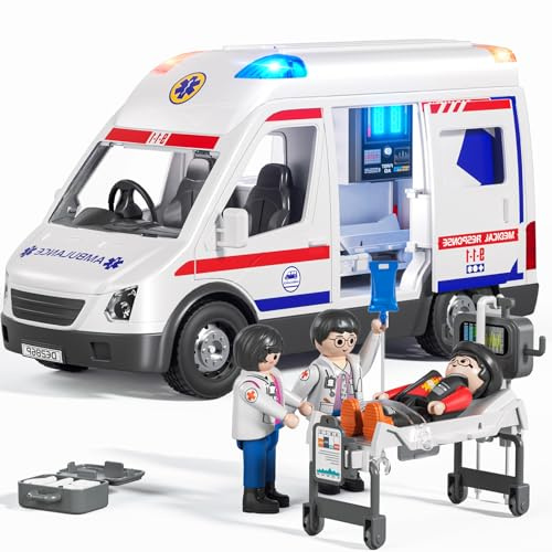 Doloowee Krankenwagen Spielzeug für Kinder im Alter von 3 4 5 6 7 8 Jahren, LKW mit Reibungsantrieb, mit Licht und Ton, Einsatzfahrzeug Spielzeug für Jungen und Mädchen, Geschenke
