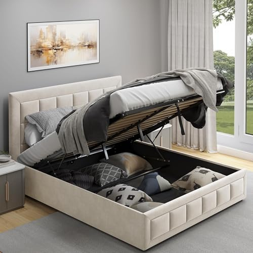 6ft Super King Size Bed Frame Ottoman Bed Frame, UKFR Velvet Fabric Bed With Storage Frame Gas Lift End Opening Wooden Slats With Storage Bed (Beige, 6ft Super King 180 x 200,No Mattress)