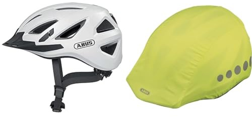 ABUS Stadthelm Urban-I 3.0 - Fahrradhelm mit Rücklicht, Schirm und Magnetverschluss & Regenkappe für Helme - Regenschutz mit dekorativen Reflektoren und Gummizug - wasserabweisend – Gelb