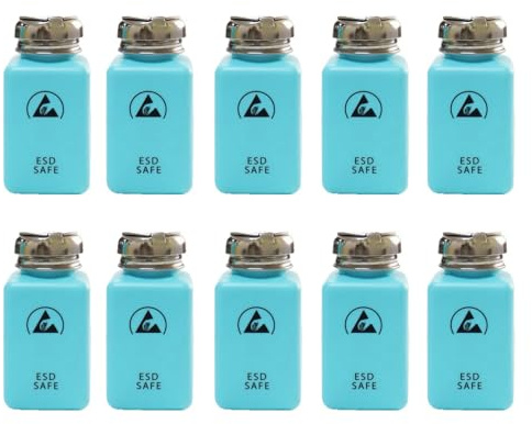 Lot de 10 flacons de solvant EPA sans danger ESD | Flacon carré antistatique | Pompe distributrice de liquide en acier inoxydable à pression unique pour frotter l'alcool/vernis à ongles Distributeur