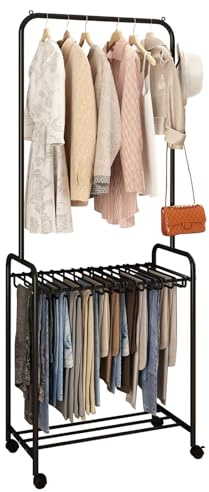 Uptyia Burro para Ropa con Ruedas y Doble Barra – Incluye 24 Colgadores para Pantalones, Estructura Metálica, 70×39×175 cm, Color Negro