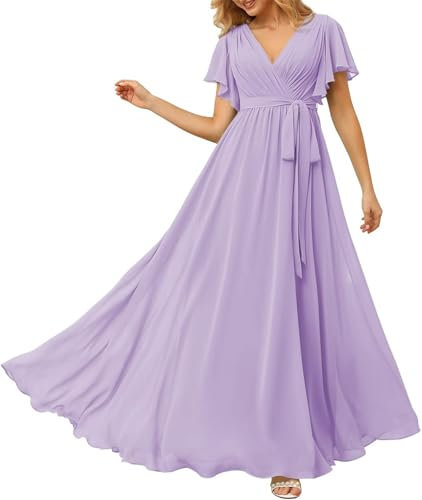 HPPEE Vestido de dama de honor con cuello en V y mangas para boda, vestido formal largo de gasa, Lila, 36