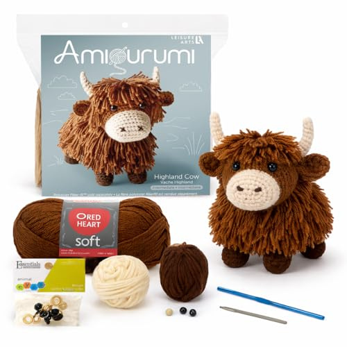 Leisure Arts Häkelset Amigurumi Hochlandkuh Braun, Häkelset Anfänger, Anfänger für Erwachsene, Tierset, Kits für Anfänger, Häkeln