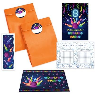 10 Einladungskarten zum 8. Kindergeburtstag Bowling Kegeln Jungen Mädchen Einladung achte Geburtstag incl. 10 Umschläge, 10 Tüten/orange, 10 Aufkleber, 10 Lesezeichen, 10 Schiffe versenken