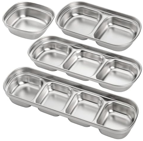Fowecry 4 Pcs Stainless Steel Sauce Dish Divided Seasoning Soy Sauce Dipping Plate Ketchup Dipping Bowls Banchan Dishes,Silver