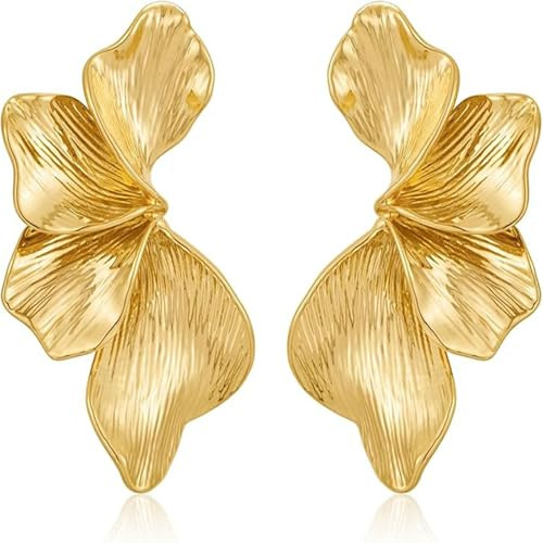 GAUEIOUR Flower Earrings Gold Sculptural Floral Earrings,Bohemian Statement Petal Earring,Retro Alloy Textured Geometric Irregular Earring,Summer Cool Style Women's Accessories