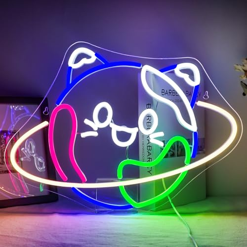 ineonlife Katze Neon Schild Led Neon Lichter für Wand Dekoration Dimmbar Kosmisch Planet Katze Leuchtschilder für Schlafzimmer Zuhause Bier Bar Tier Club Männerhöhle Hochzeit Geburtstag Party