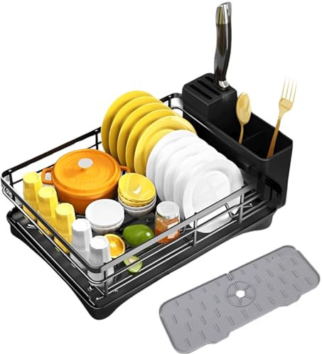 BerryLands Dish Drainer Rack with Silicone Tap Mat - Sink Drainer Rack with Utensil Holder for Kitchen Counter, Large Capacity Space - Saving Dish Drying Rack Sink with Draining Board, (Black)