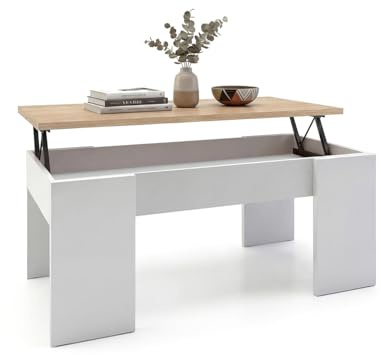 duehome | Mesa de Centro Elevable, Mesita de Salón o Comedor, Modelo Vita, Acabado en Color Blanco Artik y Roble Canadian, Medidas: 100 cm (Largo) x 50 cm (Ancho) x 45-53 cm (Alto)